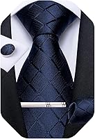 DiBanGu Men's Navy Blue Plaid Silk Tie Set - Checkered Necktie, Pocket Square, Cufflinks, Tie Clip & Gift Box for Wedding Business