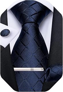 DiBanGu Men's Navy Blue Plaid Silk Tie Set - Checkered Necktie, Pocket Square, Cufflinks, Tie Clip & Gift Box for Wedding Business