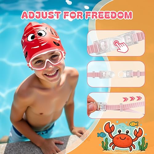 Miniatura 5 de Gafas de natación para niños de 3 a 8 años con gorro de natación, juego de gorras de natación con antivaho y anti-UV para niños y niñas pequeños