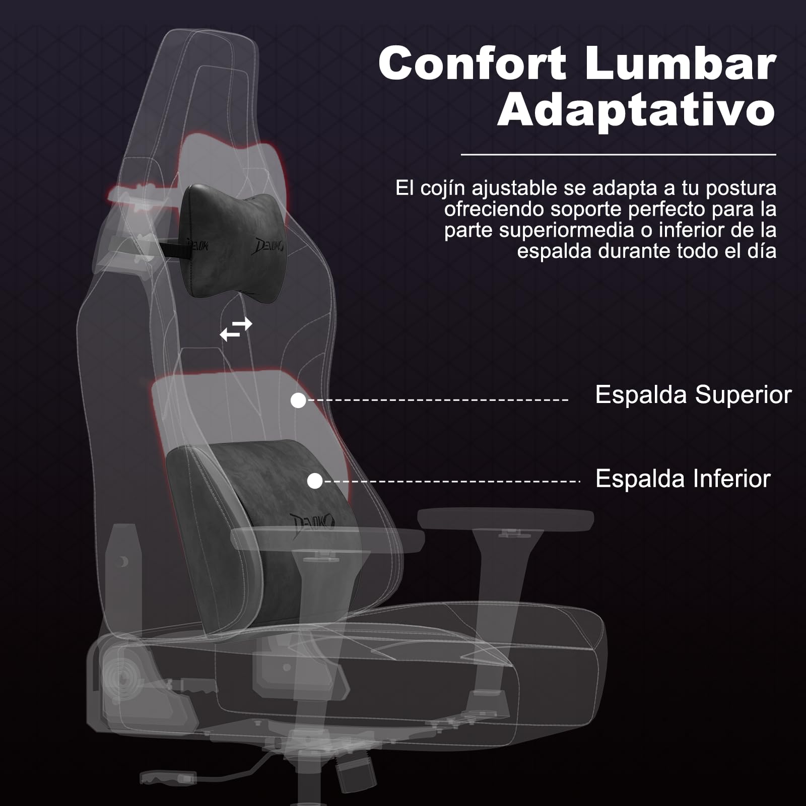 Devoko Silla Gamer Ergonómica para Oficina y Ordenador, Gamuza Suave, Reposabrazos 3D, Espuma Moldeada, Cojín Lumbar Ajustable, Base Metálica Fuerte, 180 kg, Gris Carbón