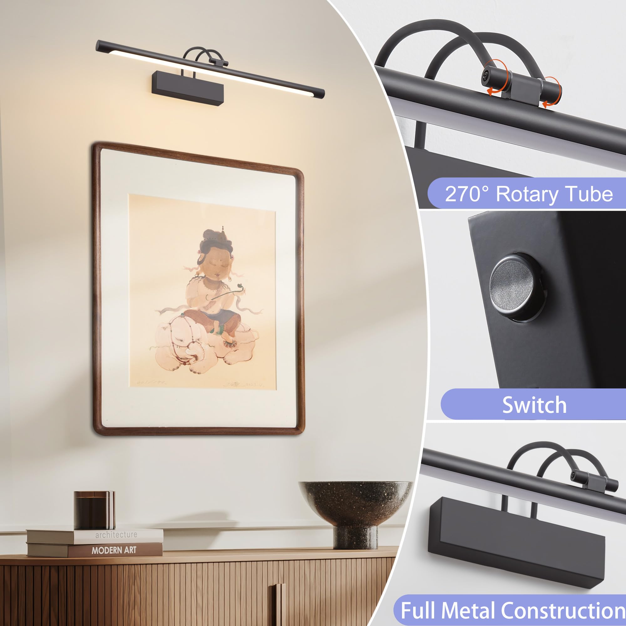 Schwarze Spiegelleuchte Bad LED Wandleuchte mit Schalter 60cm IP44 10W 270° Einstellbar 3 Farbtemperaturen 3000K 4000K 6000K 600LM Innen Badleuchte Bilderlampe Für Wohnzimmer Badzimmer Schlafzimmer