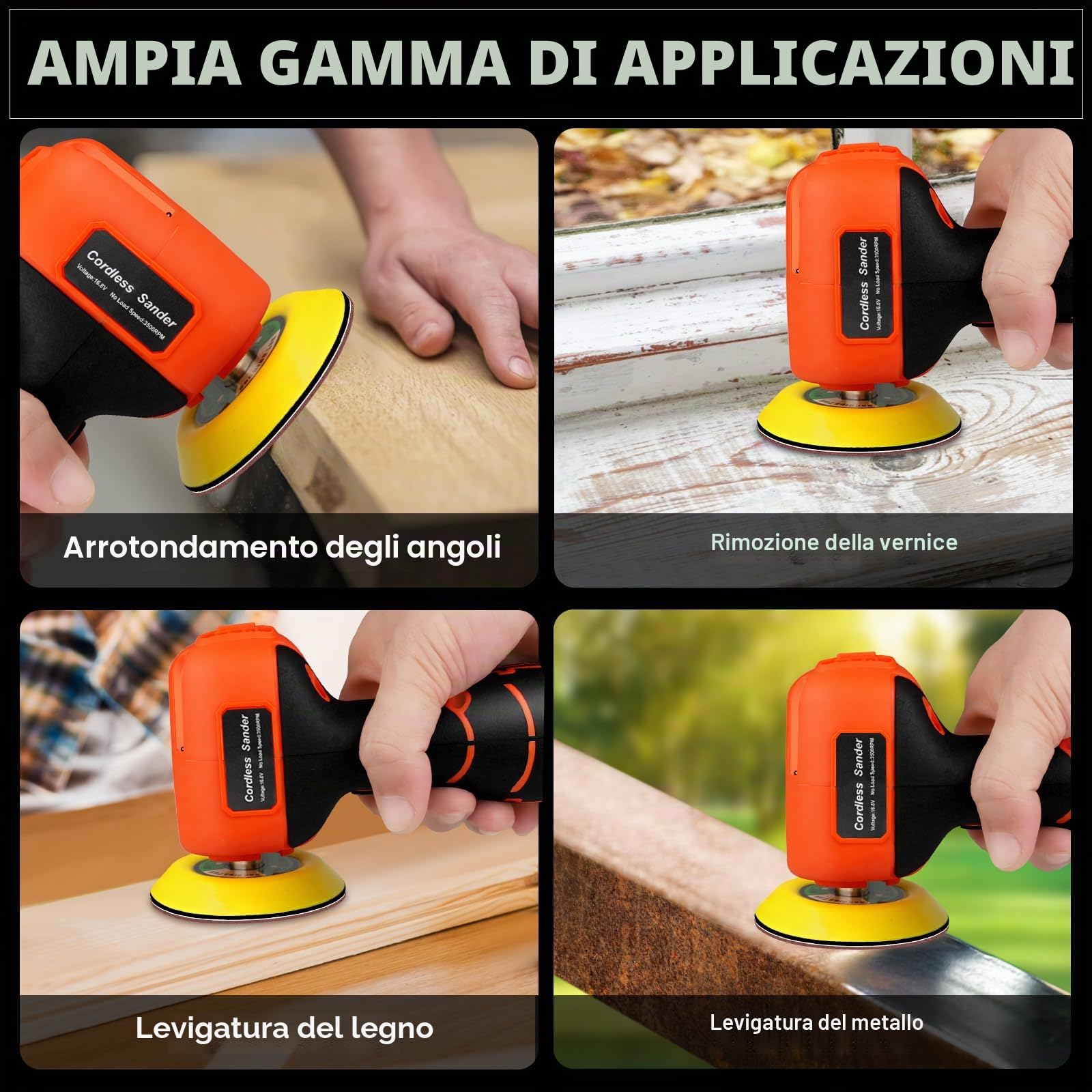 Levigatrice elettrica senza fili 16,8V con 36 fogli di carta abrasiva, 3500 giri/min, 2 batterie da 3,0 Ah, design leggero e compatto per legno, metallo, rimozione di vernice e progetti fai-da-te
