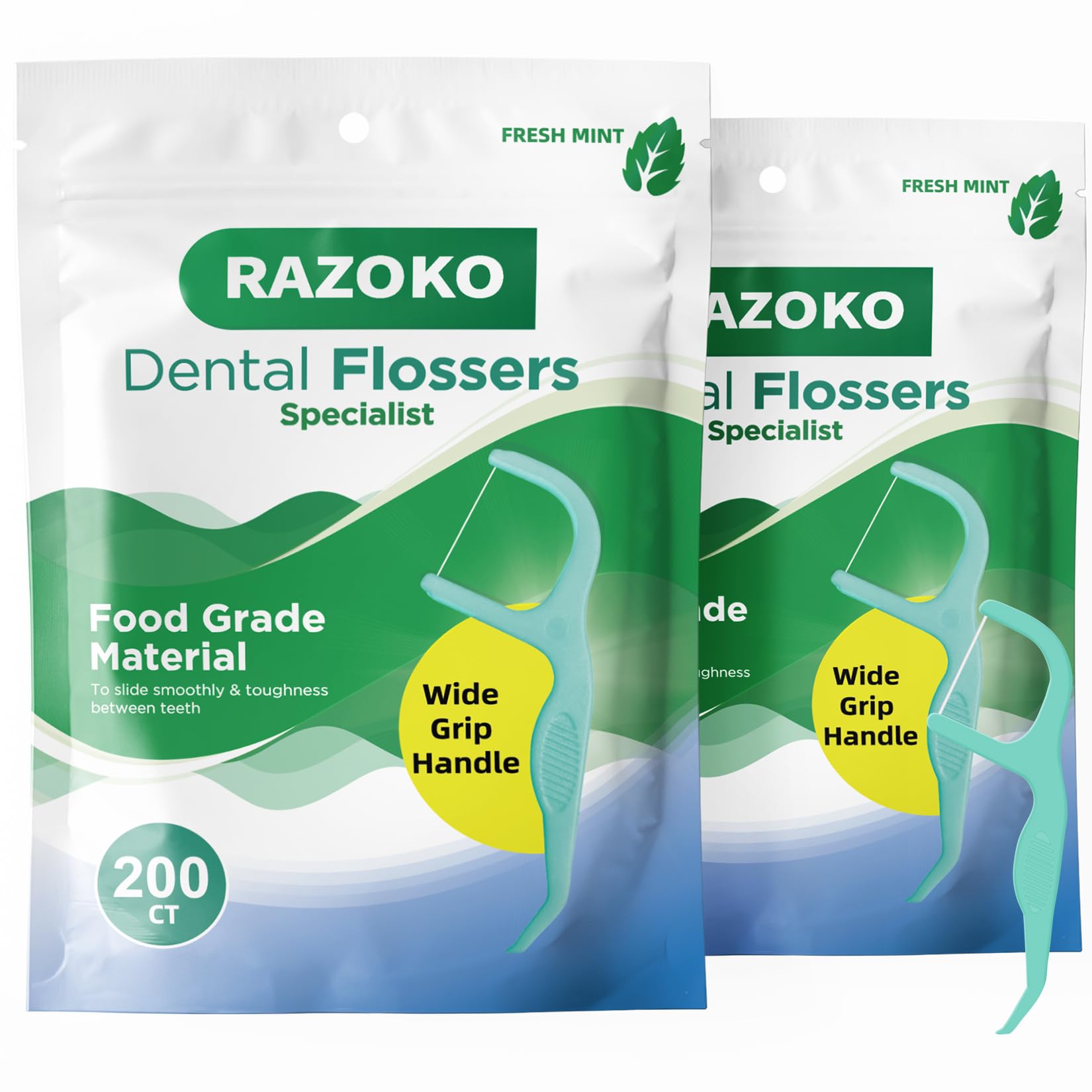 RAZOKO Dental Floss Picks Toothpick Shred-Resistant Floss Easy Grip Handle Fresh Mint Flavor 400 Count Pack of 2