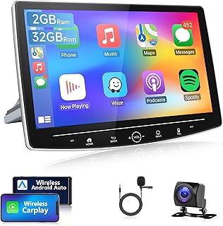 2G+32G Android Single Din Wireless Apple Carplay Car Stereo, Rimoody 10 Inch Touchscreen Rotatable Screen Android 1 din Car Radio with WiFi GPS Navigation Bluetooth FM Android Auto + Backup Camera