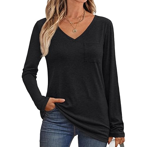 AUTOMET Womens Long Sleeve Shirts V Neck Casual Tops with Pockets Loose Dressy Basic Fall Outfits Clothes Winter Trendy 2025