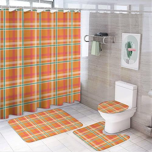 4 Pcs Bathroom Sets with Shower Curtain and Rugs - Modern Fashion Retro Orange White Plaid Print Bathroom Mat Set Decor Accessories for U Shape and