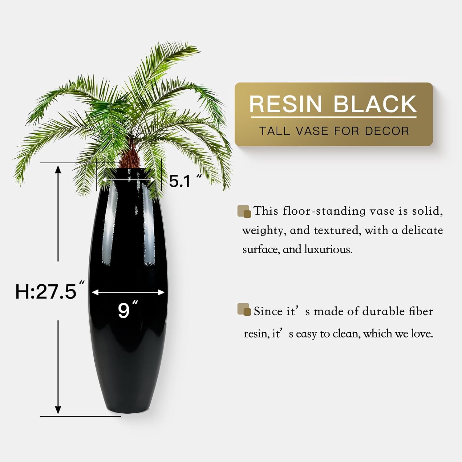 Floor Vase, Tall Floor Vase 27.5 inch (70CM, 2.3FT) Tall Vases, Sturdy Large Floor Vases for Living Room Decor, Resin Black