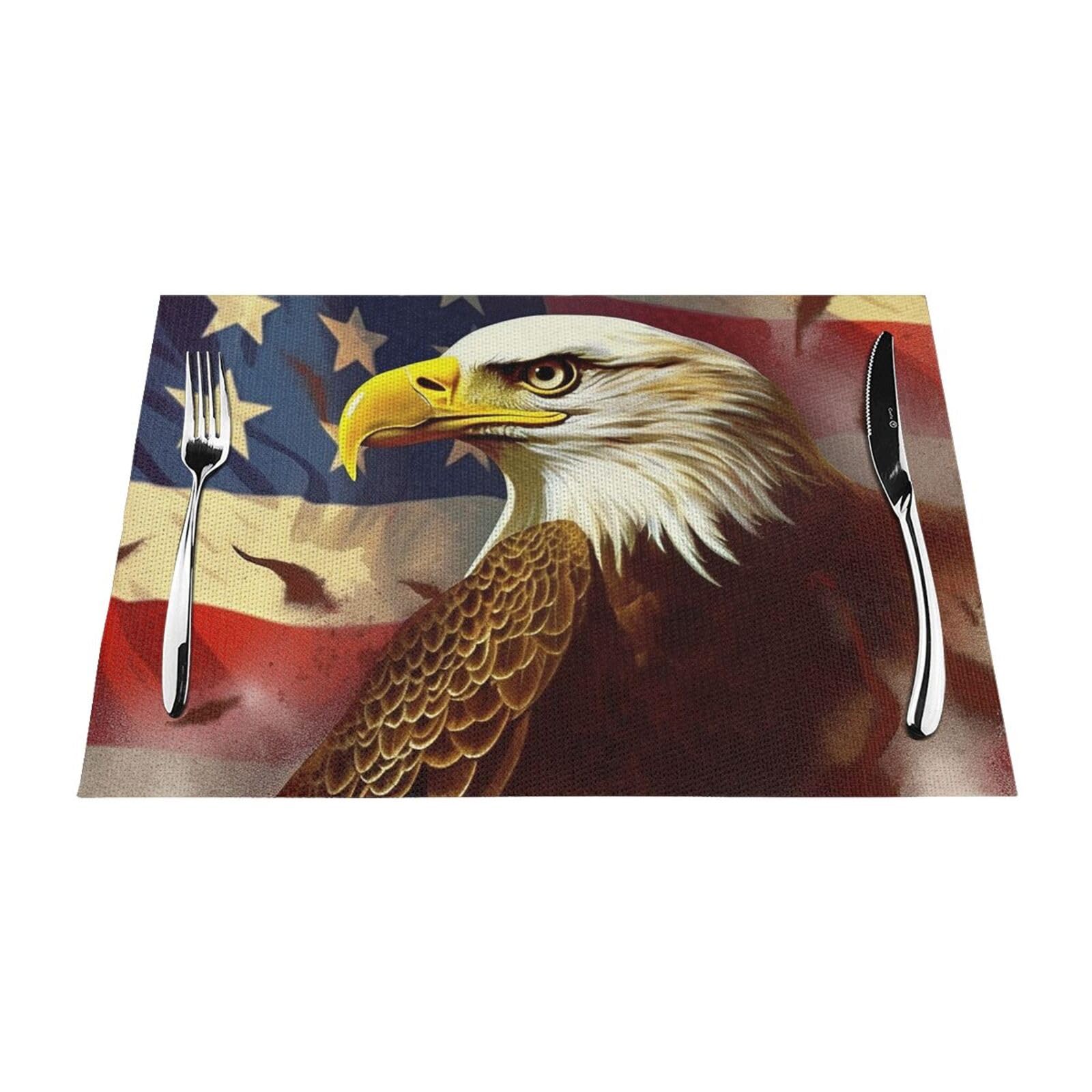 Set di tovagliette con stampa artistica con aquila con bandiera americana, in PVC, resistenti al calore, antiscivolo, lavabili, per cene, feste di nozze, festival, 30,5 x 45,7 cm
