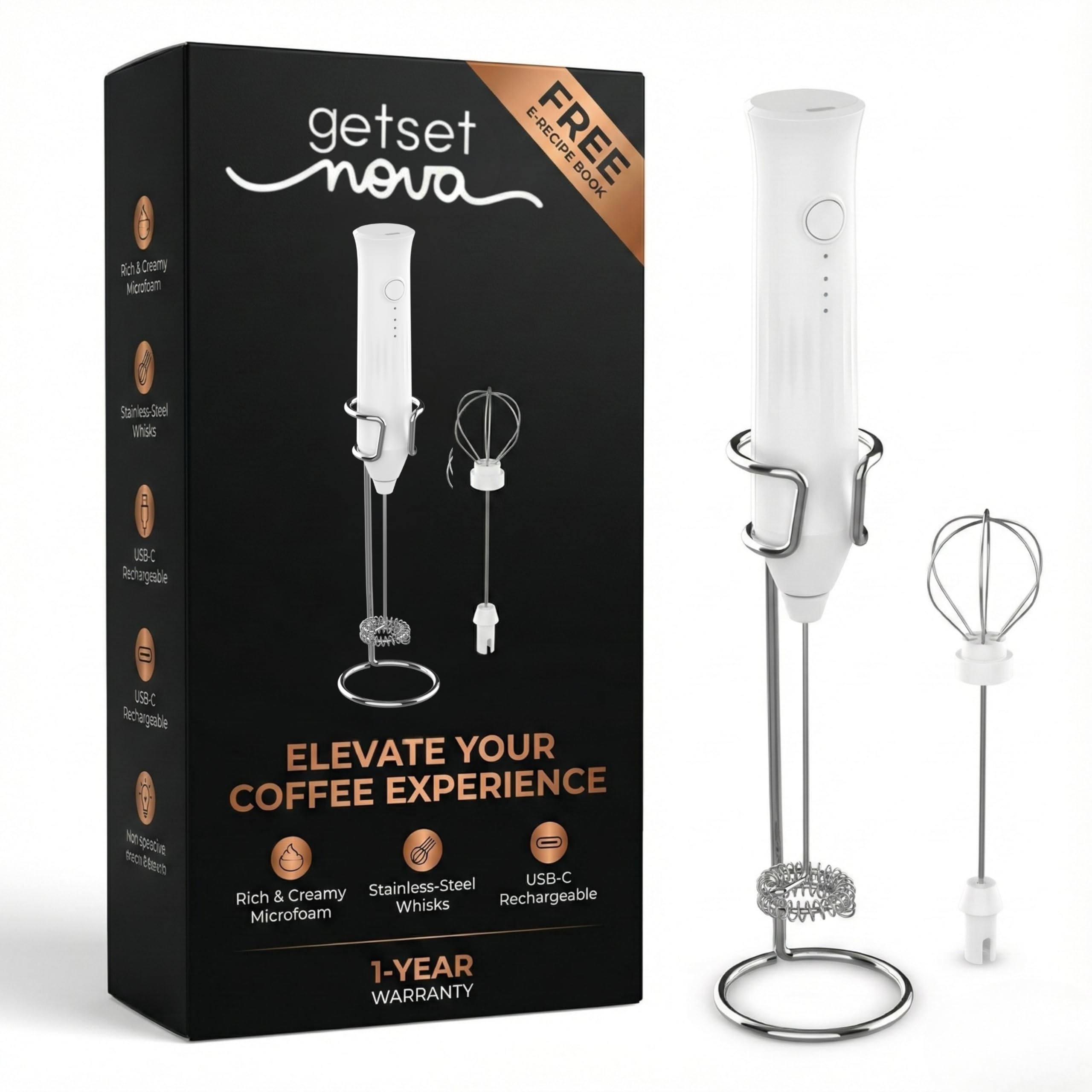 Rechargeable Milk Frother Handheld with Stand - Mini Electric Hand Whisk, Coffee Frother & Mixer Milk Frothers Coffee Whisk for Hot Chocolate, Cappuccino, Egg with Powerful Motor (White)