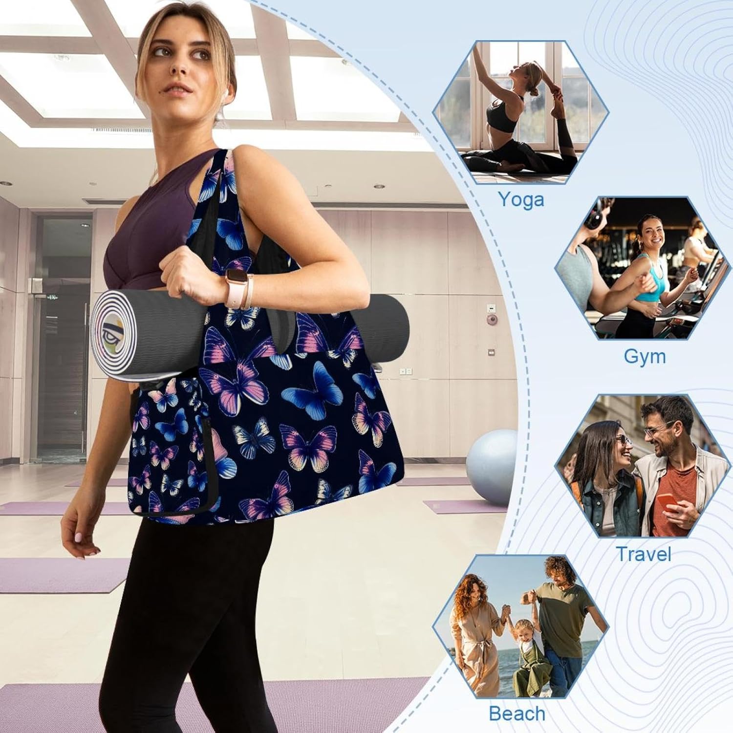 Yoga Mat Bag, Gym Workout Bag with Shoe Compartment, Bows Pilates Bag for Women, Quick Access Storage Yoga Tote Bag for Sports Travel Office