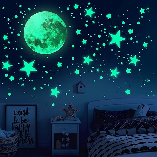 Estrellas que brillan en la oscuridad para techo, 893 calcomanías de pared con decoración de luna y estrellas, calcomanías de pared que brillan en