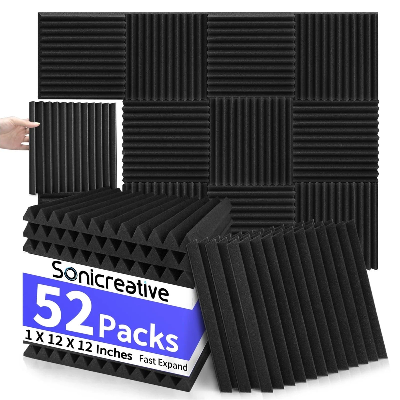 Akustik Schaumstoff 52 Stück Akustikschaumplatten, 2,5 x 30,5 x 30,5 cm, große schalldichte Schaumstoffplatten for Wände, keilförmige schalldichte Wandpaneele, Acou