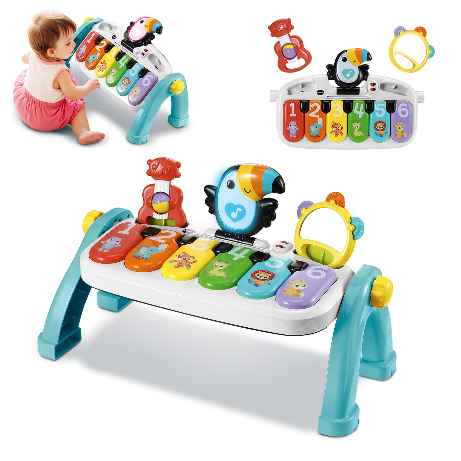 VTech-Baby Piano Multicolor Banda Musical, Juguete bebés +9 Meses, Piano Interactivo Desmontable, Evolutivo, Teclas con Luces y Sonidos, Enseña Números, Colores y Animales, Versión ESP