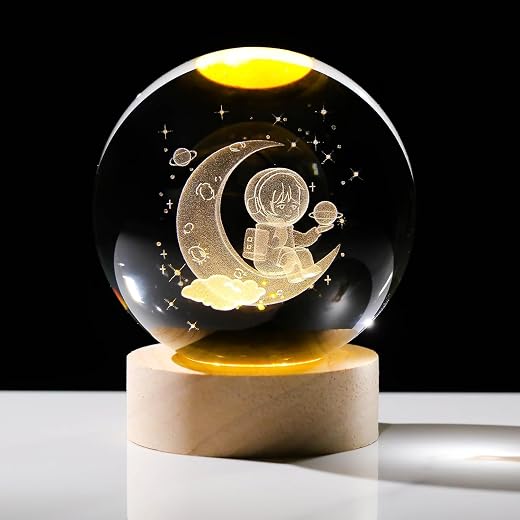 UCRAVO UCRAVO Moon Light Lamp | Moon Lamp Crystal Ball Night Light | 3D Astronaut Ball with Solar System USB LED Wooden Ba...