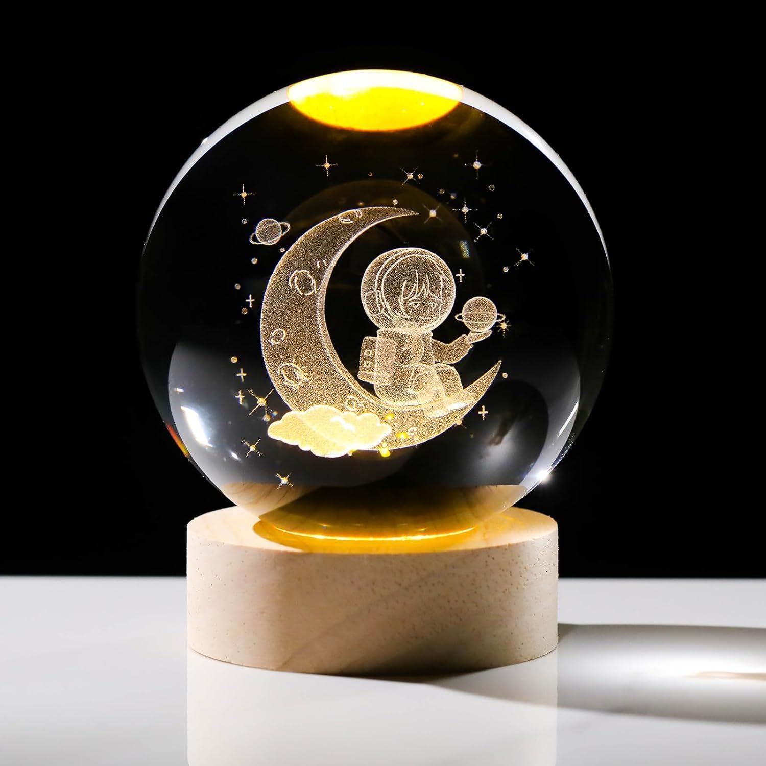 UCRAVO UCRAVO Moon Light Lamp | Moon Lamp Crystal Ball Night Light | 3D Astronaut Ball with Solar System USB LED Wooden Ba