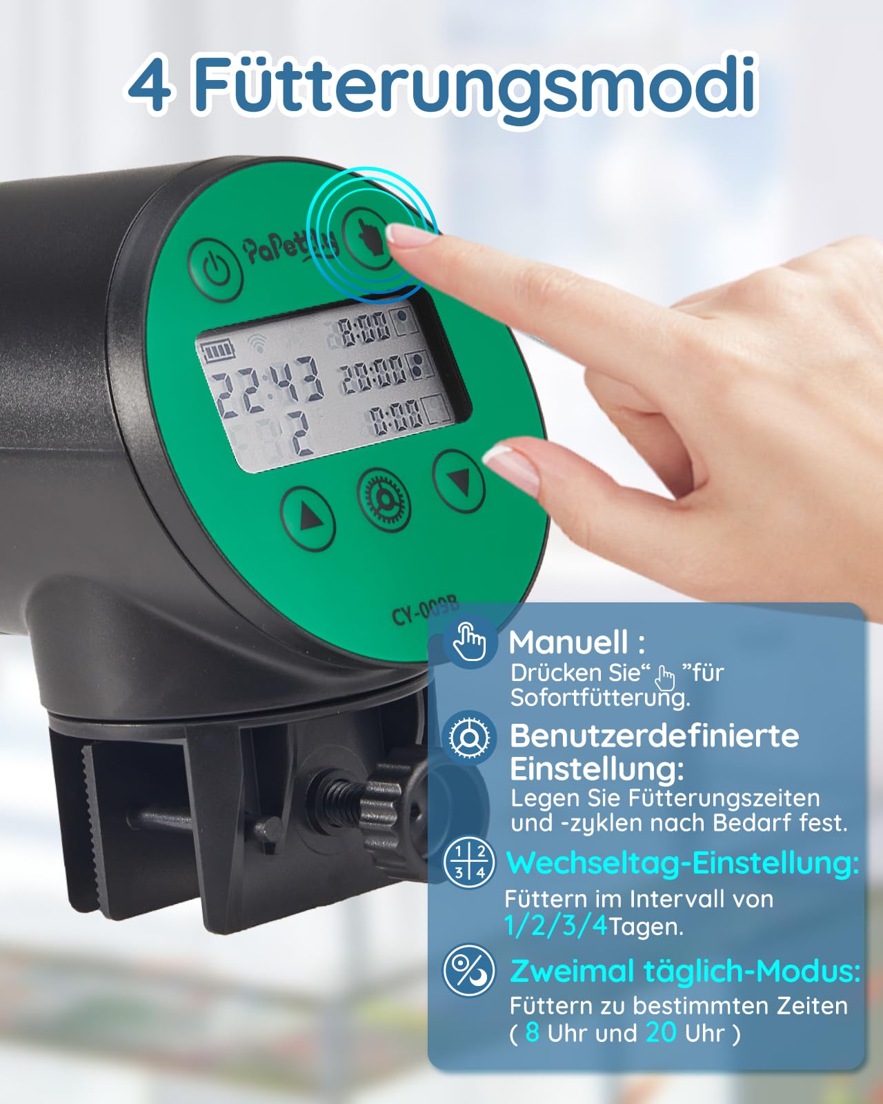 Papettly Futterautomat Aquarium, Automatischer Fischfutterautomat für Aquarium mit Batteriebetrieben, Fische Fischfutterspender 200ml, 2 AAA-Batterien im Lieferumfang enthalten, Fischfutterschwimmring
