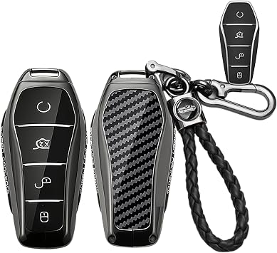 Metal Key fob Cover fit for BYD Sealion 7 6 ATTO 1 2 3 Shark 6 Dolphin Surf Seagull Seal U DM-i SUV Carbon Pattern Car key case holder shell key chain Keyring Accessories 4 buttons Black 3