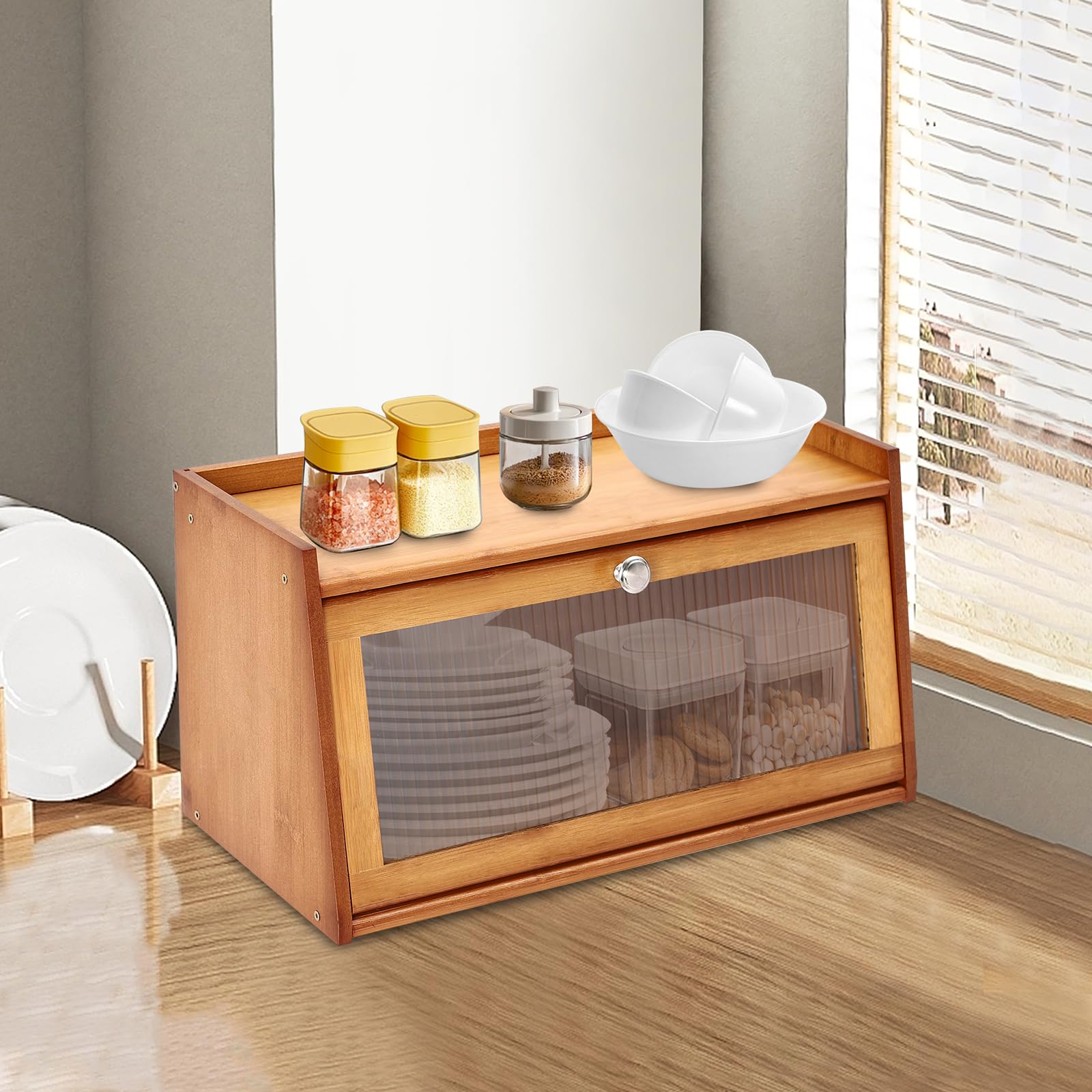 Armadietto in bambù a 2 ripiani con anta – Mini piano di lavoro per cucina, buffet, per pane, dispensa, artigianato, strumenti di cucito, primo soccorso, credenza 50 x 25 x 27 cm
