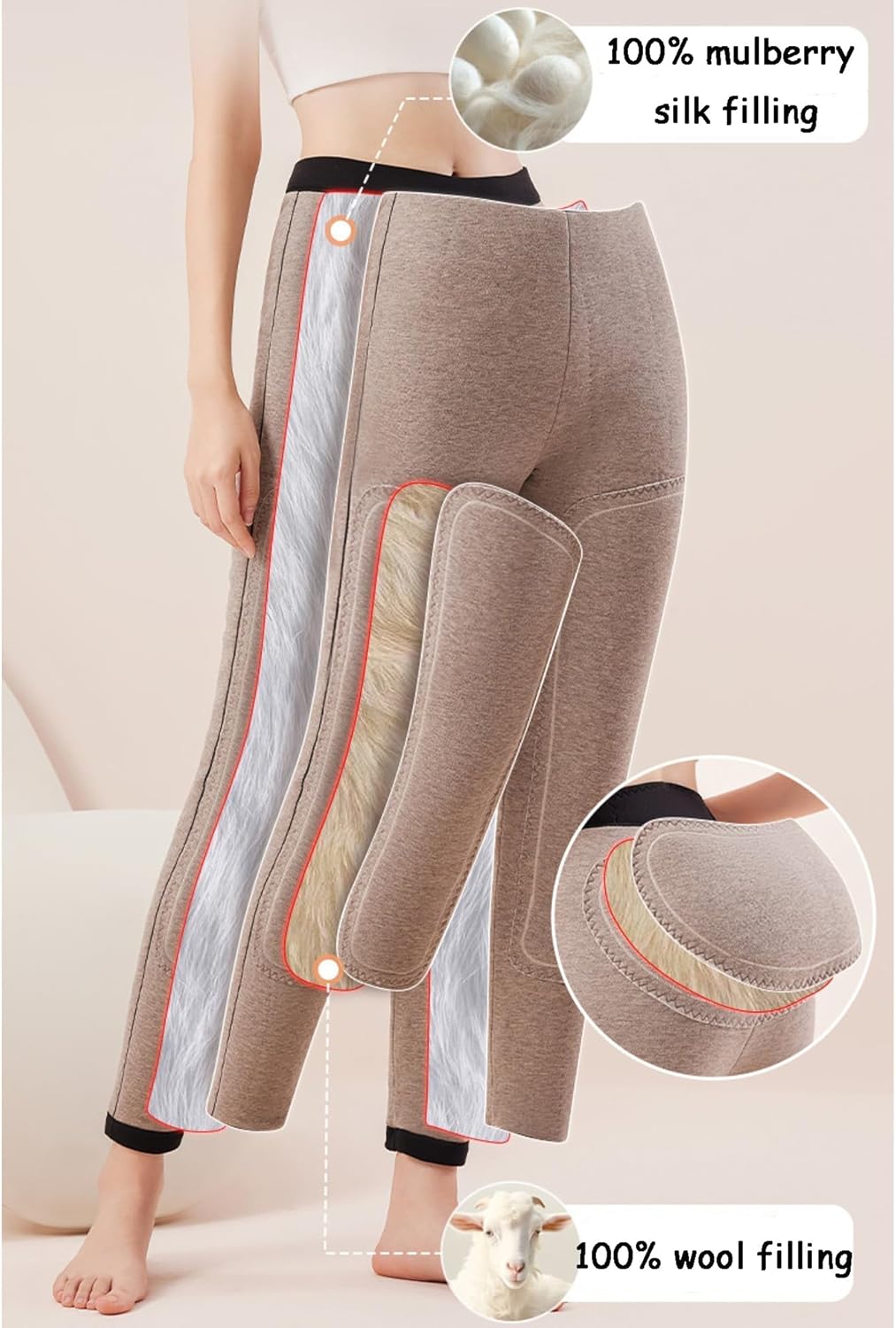 Womens Thermal Long Johns 100% Mulberry Silk Filling High Waist Outdoor Cold Weather Thicken Underwear
