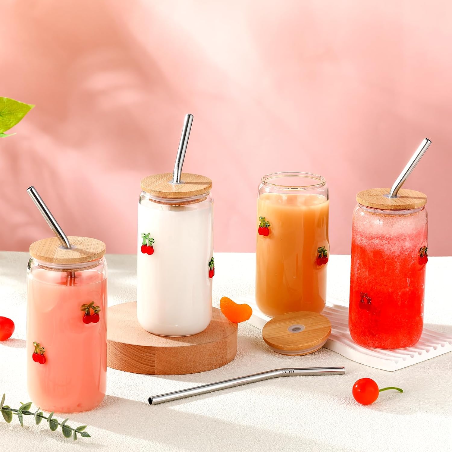 Meanplan 4 Pcs Icon Juice Glass Tumblers - 17 oz Cherry Icon Glass Cups with Lid, Straw and Cleaning Brush, Tea Beer Coffee Soda Glassware for Halloween Thanksgiving Christmas Party Gifts