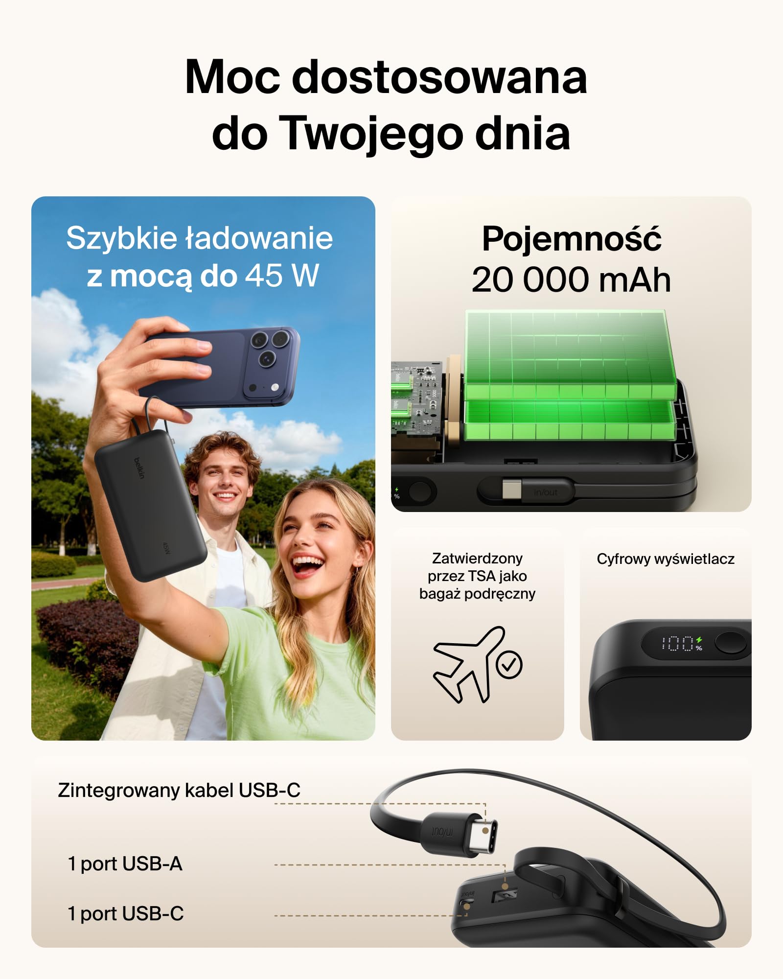 Belkin UltraCharge Powerbank 20 000 mAh, Kabel USB-C, Wyświetlacz – Czarny | Powerbank 20 000 mAh, Ładowanie 3 Urządzeń (1 Port USB-C, 1 Port USB-A, Kabel USB-C), 45 W, Wstępnie Naładowany, Wyświetlacz