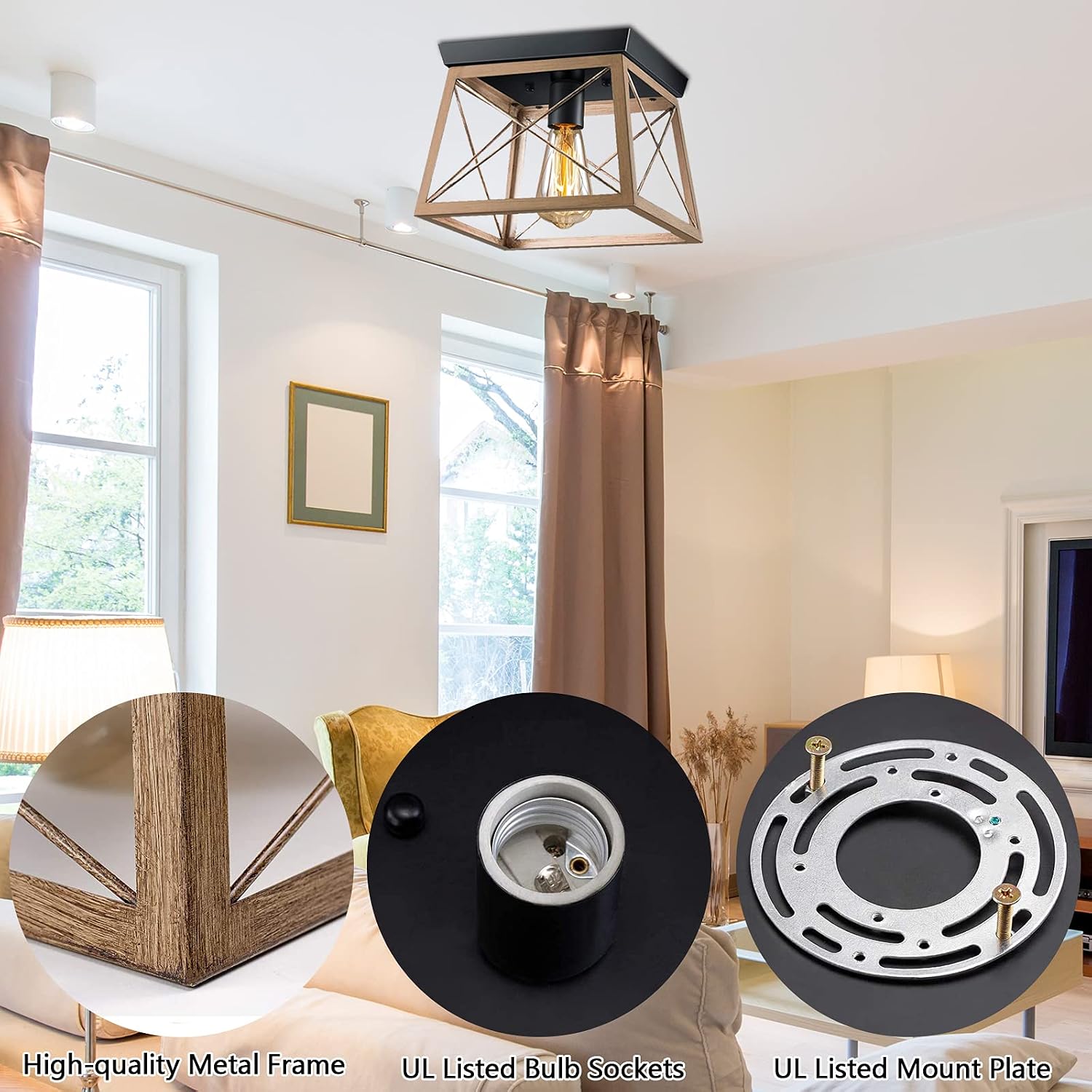 Pynsseu Industrial Ceiling Light, Farmhouse Semi Flush Mount Ceiling Fixture for Kitchen Island Dining Room Bedroom Foyer Hallway, 1 Pack