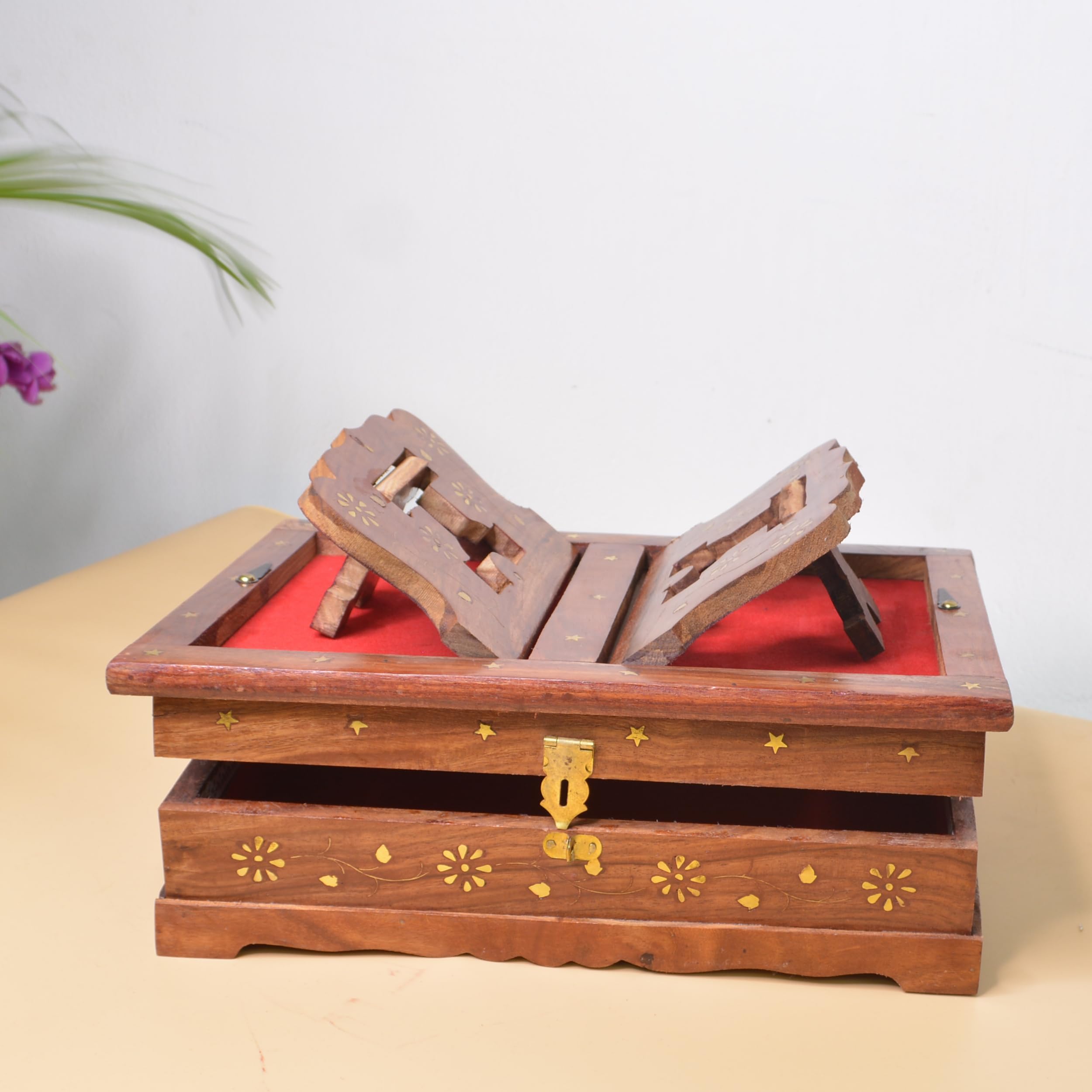 Wooden Book Stand with Gold Star Decorations, Handcrafted Reading Rest, Brown Storage Box Design, Adjustable Angle Display Holder-image-49