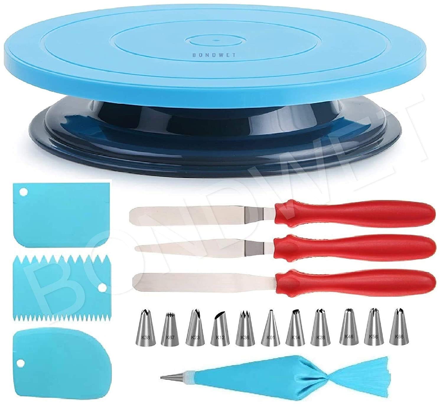 Combo of Cake Making Turn Table, 12 Pieces of Cake Decorating Frosting Nozzle Set, 3 in 1 Multi-Function Stainless Steel Cake Icing Spatula Knife Set, 3 Pieces of ough Scrapper Combo of Cake Making Turn Table, 12 Pieces of Cake Decorating Frosting Nozzle Set, 3 in 1 Multi-Function Stainless Steel Cake Icing Spatula Knife Set, 3 Pieces of ough Scrapper