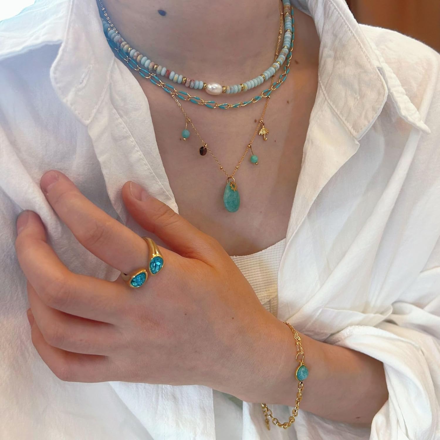 Beaded Necklace for Women, Colorful Gemstone Freshwater Pearl Choker Necklace 14K Gold Natural Stone Handmade Jewelry - Image 4