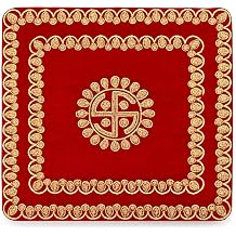 C&S Red Velvet Pooja Aasan Mat 39x38cm Embroidered Puja Chowki Cloth for Mandir Temple Home Office Altar Decorative Lal Kapda Bhagwan Aasan Prayer Mat Religious Velvet Asan Decor Decorative