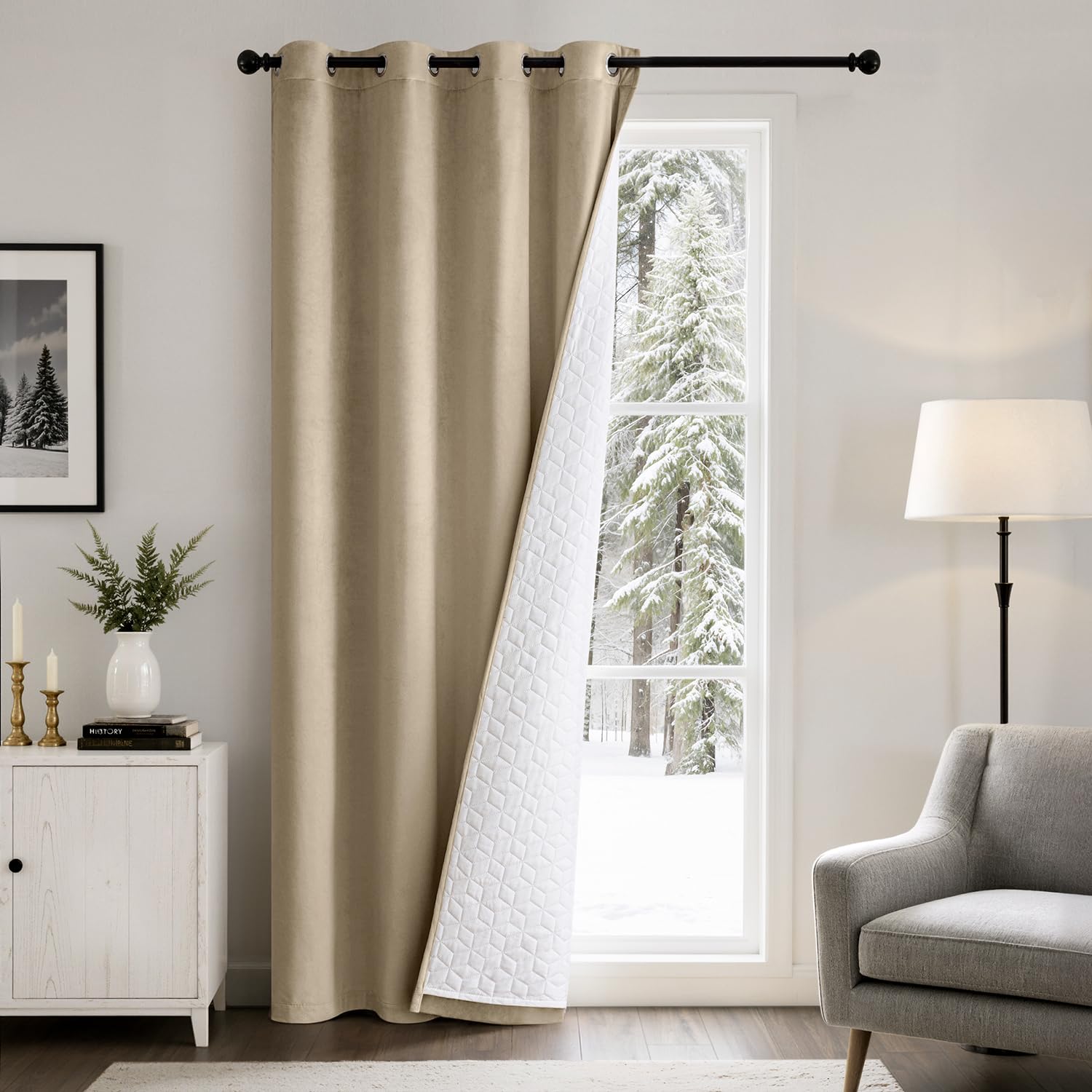 EMEMA Rideau Velours Beige Occultant Thermique à Oeillets 1x132x260cm | Double Couche Isolation Anti Froid Intimité Phonique Salon Chambre Cuisine Perforé Tissu Hivernal Épais Doux