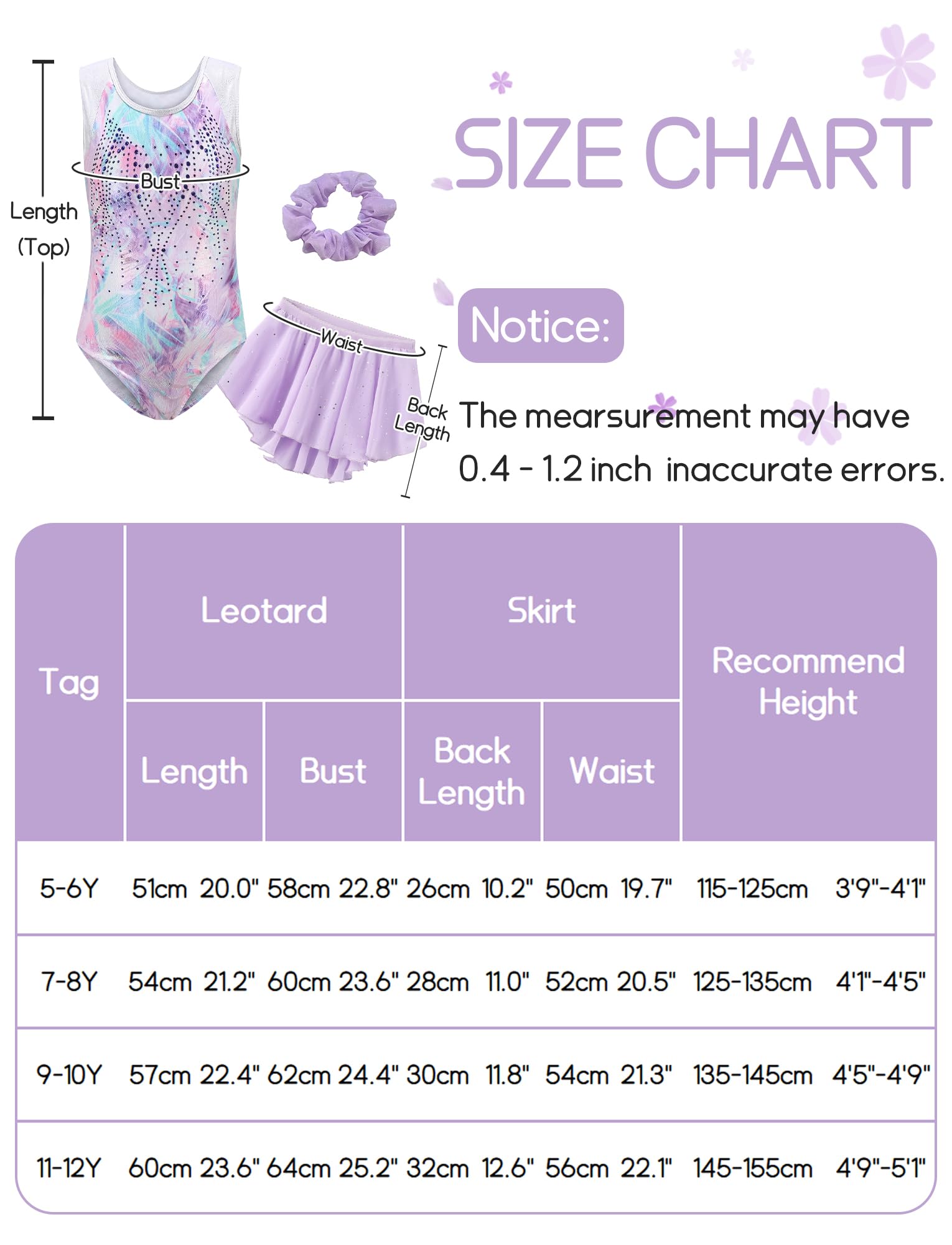 SEAUR Ragazza Body Ginnastica Senza Maniche Ginnastica Set Ginnastica con Gonna e Fascia Multicolore Glitter 5-12 anni