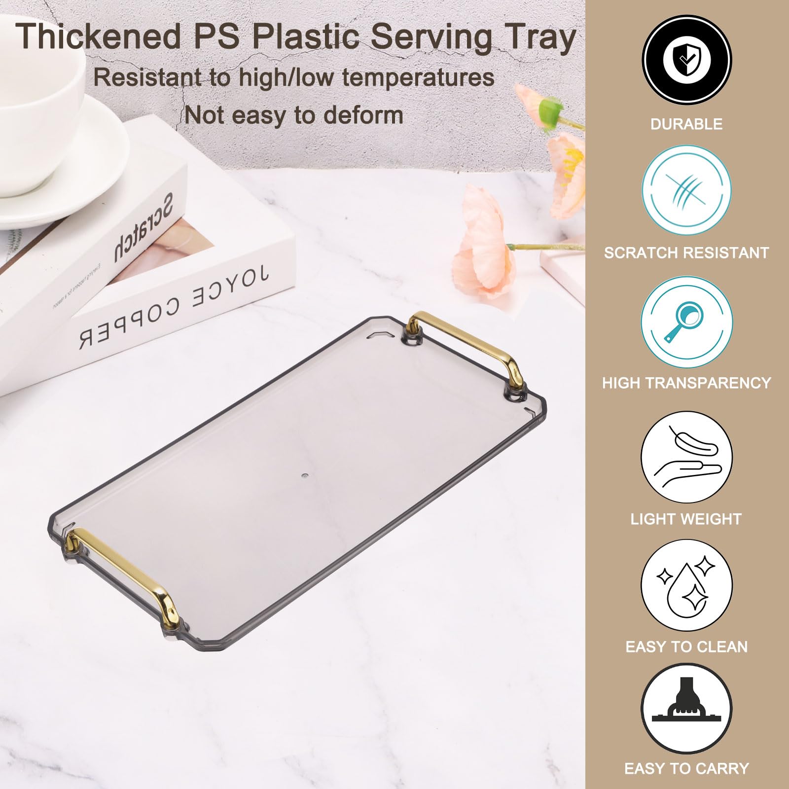 PATIKIL 16.1 x 8.7 Inches Plastic Serving Tray with Golden Handles - Image 3