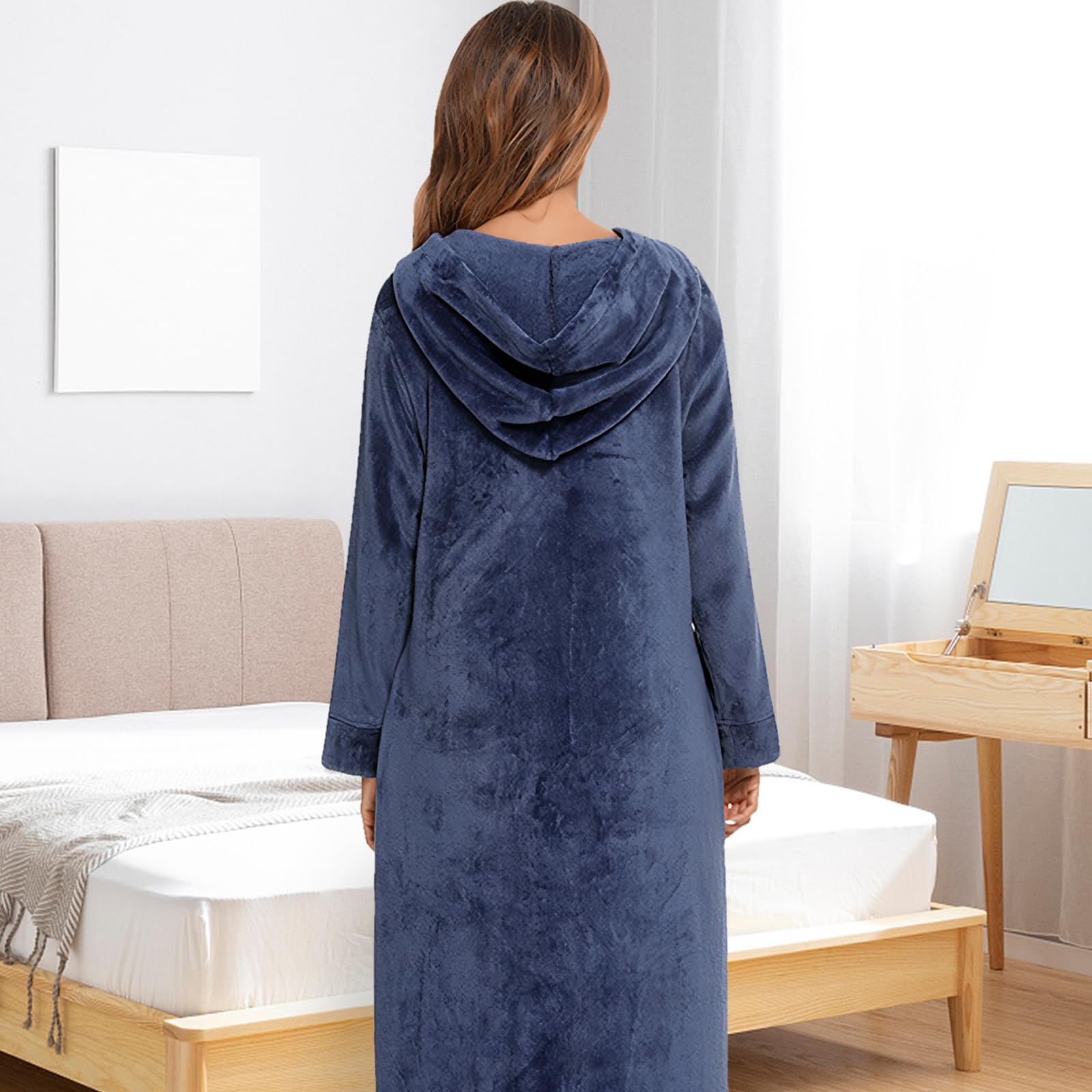 Albornoz para hombre y mujer con cremallera y capucha, albornoz largo, bolsillos frontales, albornoz de franela