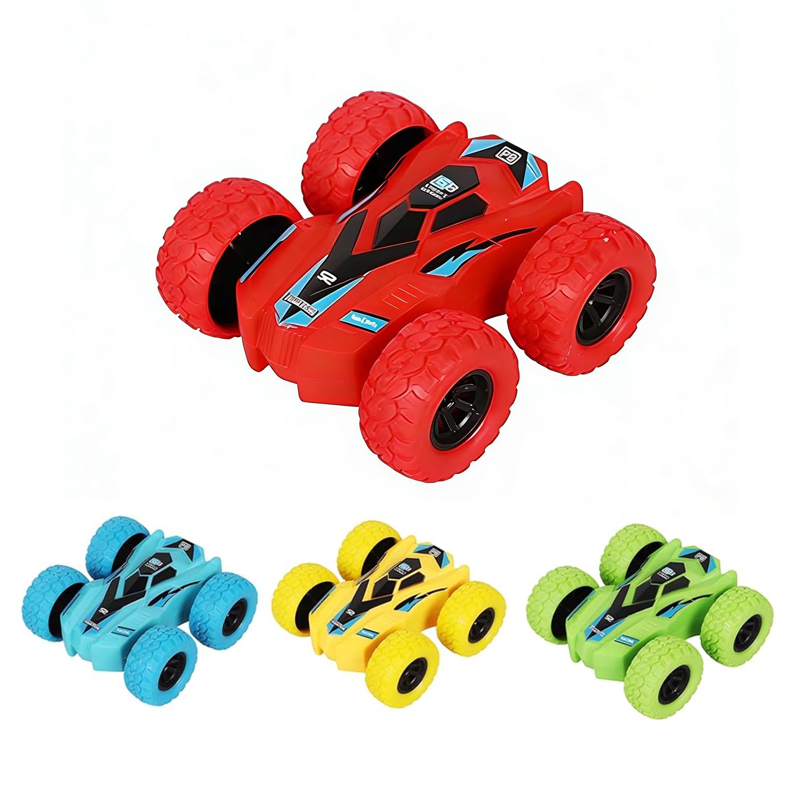 JiaQuenWex Pull Back Cars – 4 Stunt Car Vehicles with 360° Rotation, Durable Pull Back Cars for Indoor and Outdoor Play, Jumping Stunt Cars for Gifts, Fun Racing Cars Set, Great Gift Idea