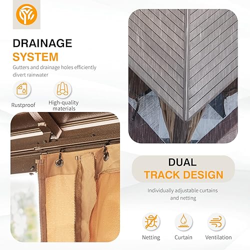 Miniatura 6 de YOLENY Gazebo de techo duro de 10 x 13 pies con techo individual de acero galvanizado, marco de aluminio para pérgola, red y cortinas incluidas,