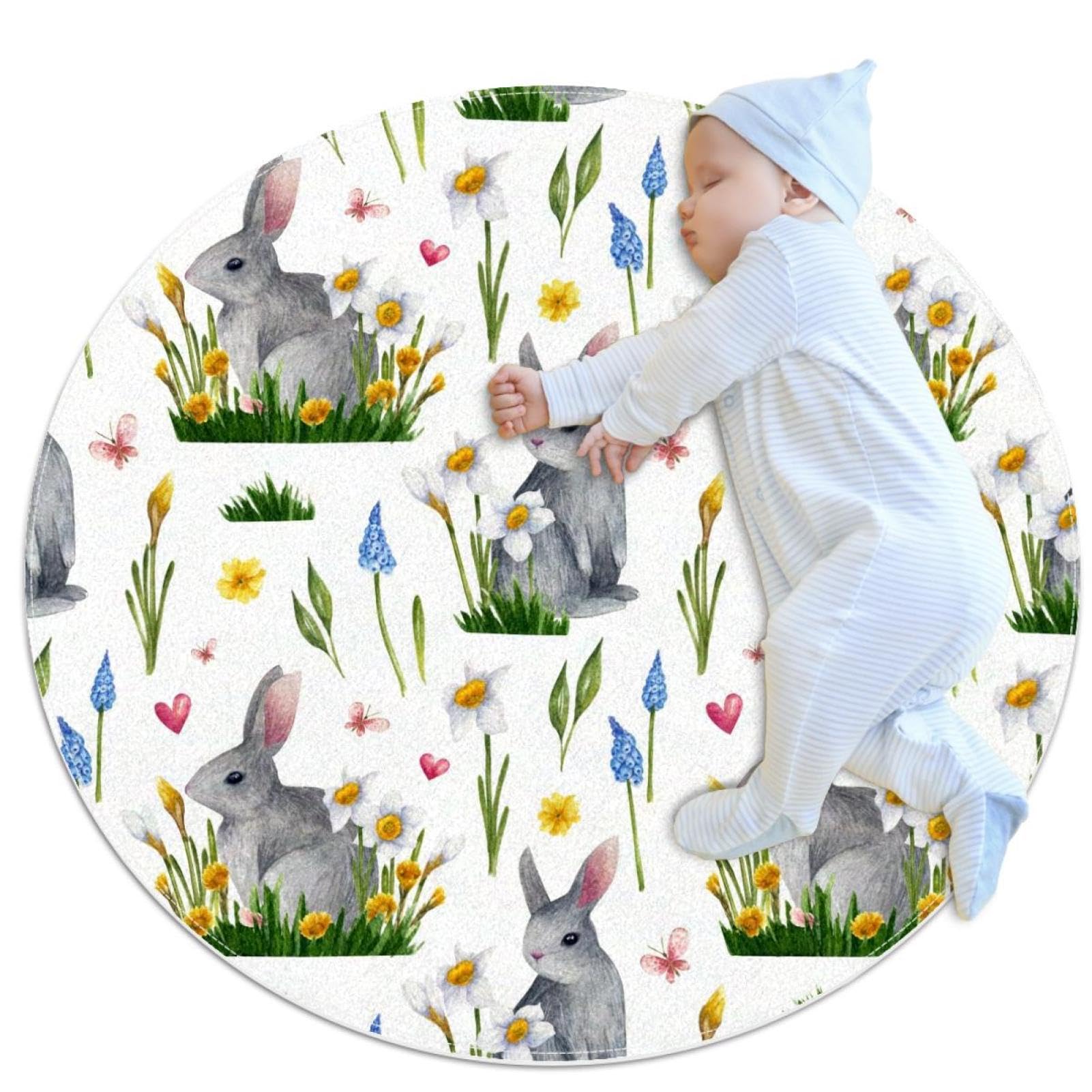 Tapis chambre d'enfant antidérapant et doux motif lapin au style floral printanier