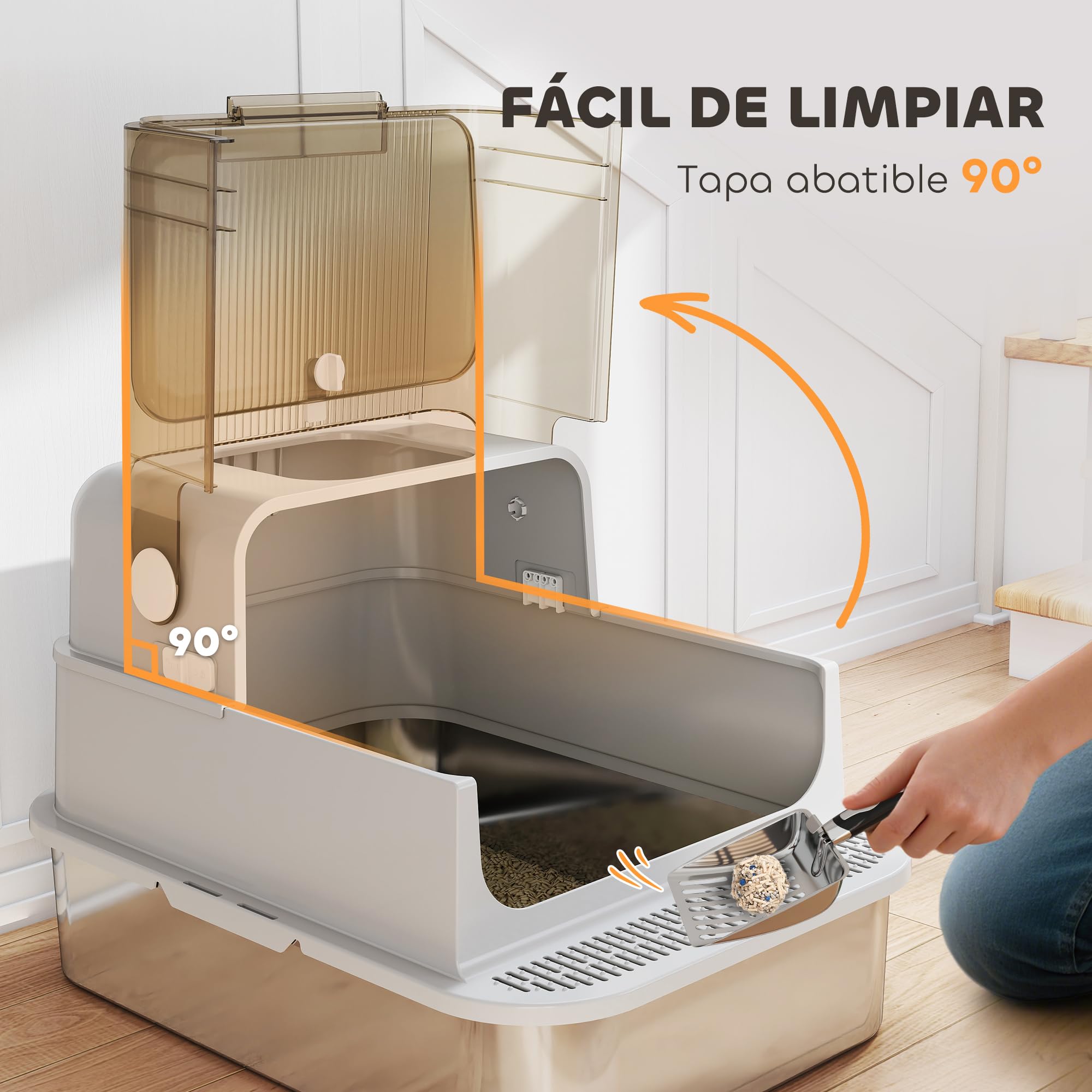 PawHut Arenero para Gatos de Acero Inoxidable XXL para Gatos Grandes Gris | Caja de Arena, Tapa Abatible, Laterales Altos, Entrada Superior, Pala, sin Olores, Fácil de Limpiar, Antifugas
