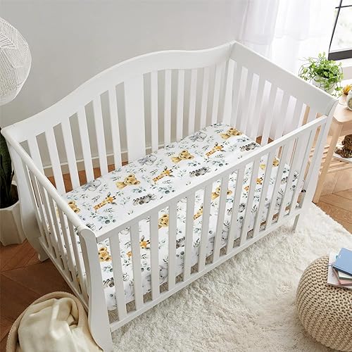 Miniatura 5 de HawSkgFub Sábana bajera estándar para cuna de bebé con diseño de animales de safari africano, hoja de eucalipto, funda de colchón neutra para cuna,