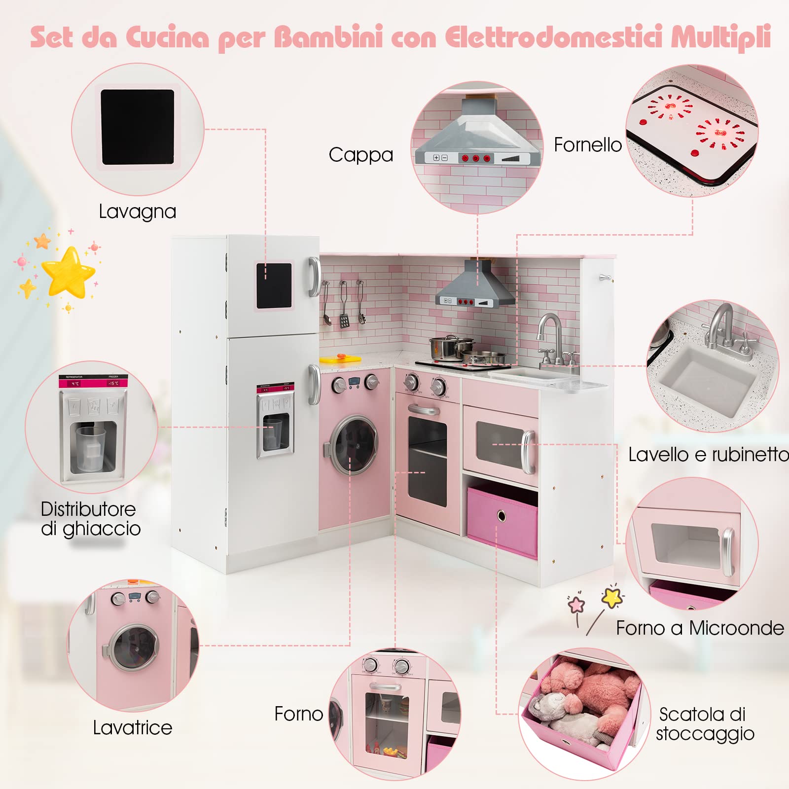 COSTWAY Cucina Giocattolo per Bambini in Legno, Mini Cucina Angolare per Bambini con Luci e Suoni Interattivi e Accessori per Cucina, Ideale per 3+ Anni, Rosa