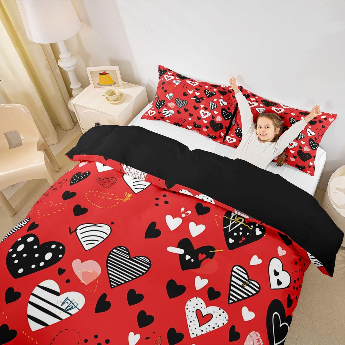 Homewish Miłość serce king size zestawy poszewek na kołdrę czerwona pościel w kształcie serca dla dzieci nastolatków romantyczna walentynkowa poszewka na kołdrę geometryczne paski zestaw pościeli