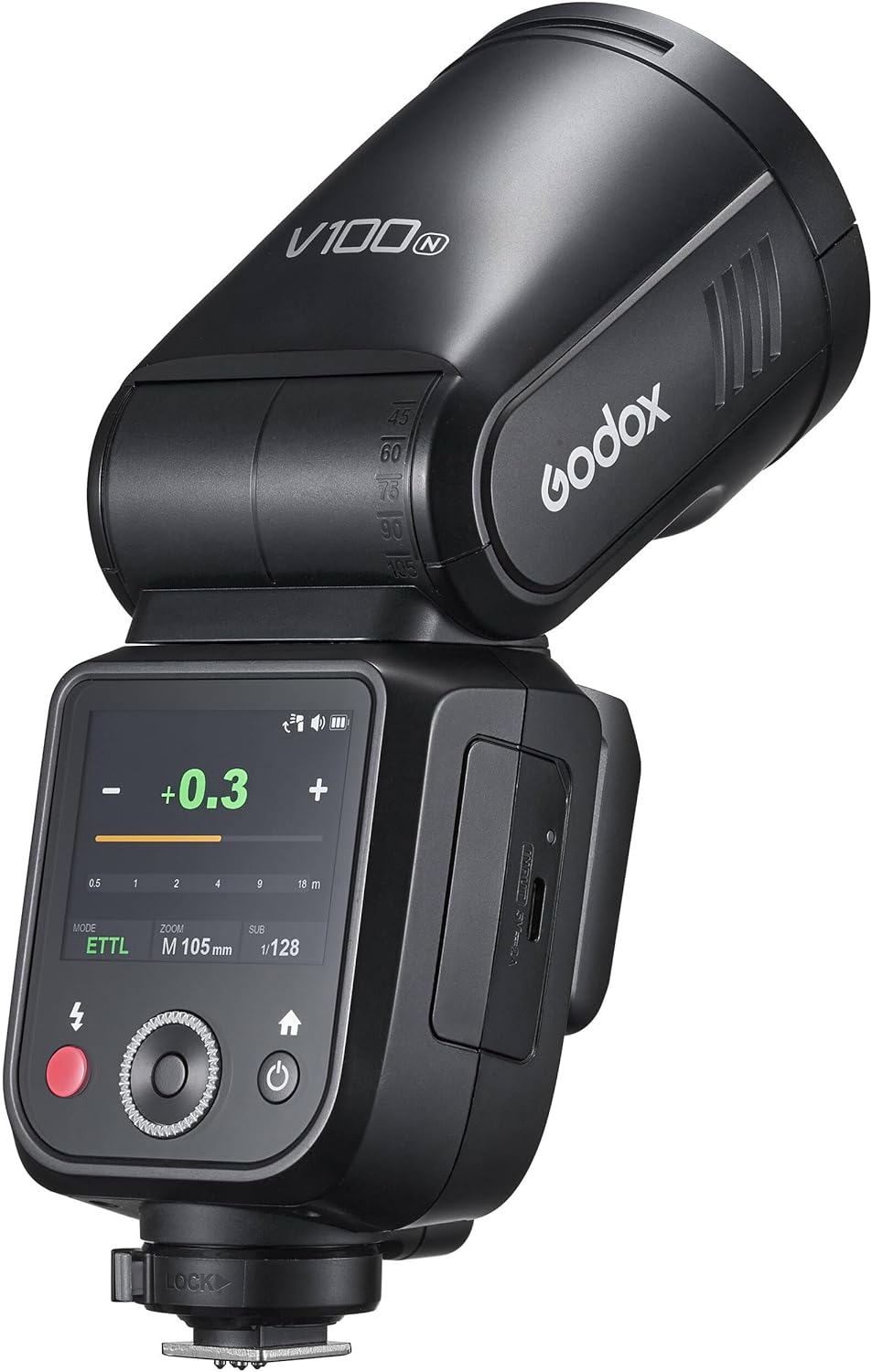 Godox V100 100W On-Camera Flash for Nikon with 2.3-Inch Full-Color Touchscreen, Built-in 2.4G Wireless Sync, and Powerful Battery (Black)
