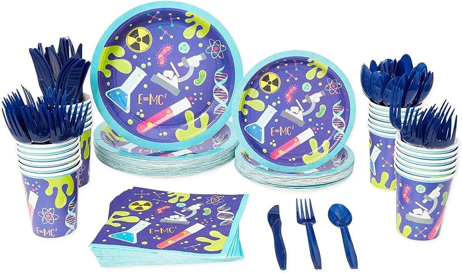 Science Lab Party Pack, Paper Plates, Plastic Cutlery, Cups, and Napkins (Serves 24, 168 Pieces) : Home & Kitchen