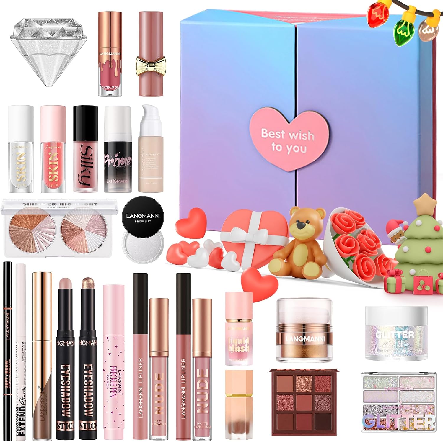 Beauty 26 Pieces Holiday Gift Set, Full Star Turquoise Kit with Eyeshadow Foundation Concealer Lip Gloss Cheek Eyeliner Eyebrow Pencil Surprise Gift Kit for Valentines Day Anniversary Birthday