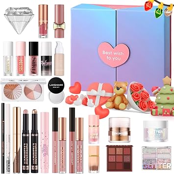 Beauty 26 Pieces Holiday Gift Set, Full Star Turquoise Kit with Eyeshadow Foundation Concealer Lip Gloss Cheek Eyeliner Eyebrow Pencil Surprise Gift Kit for Valentines Day Anniversary Birthday