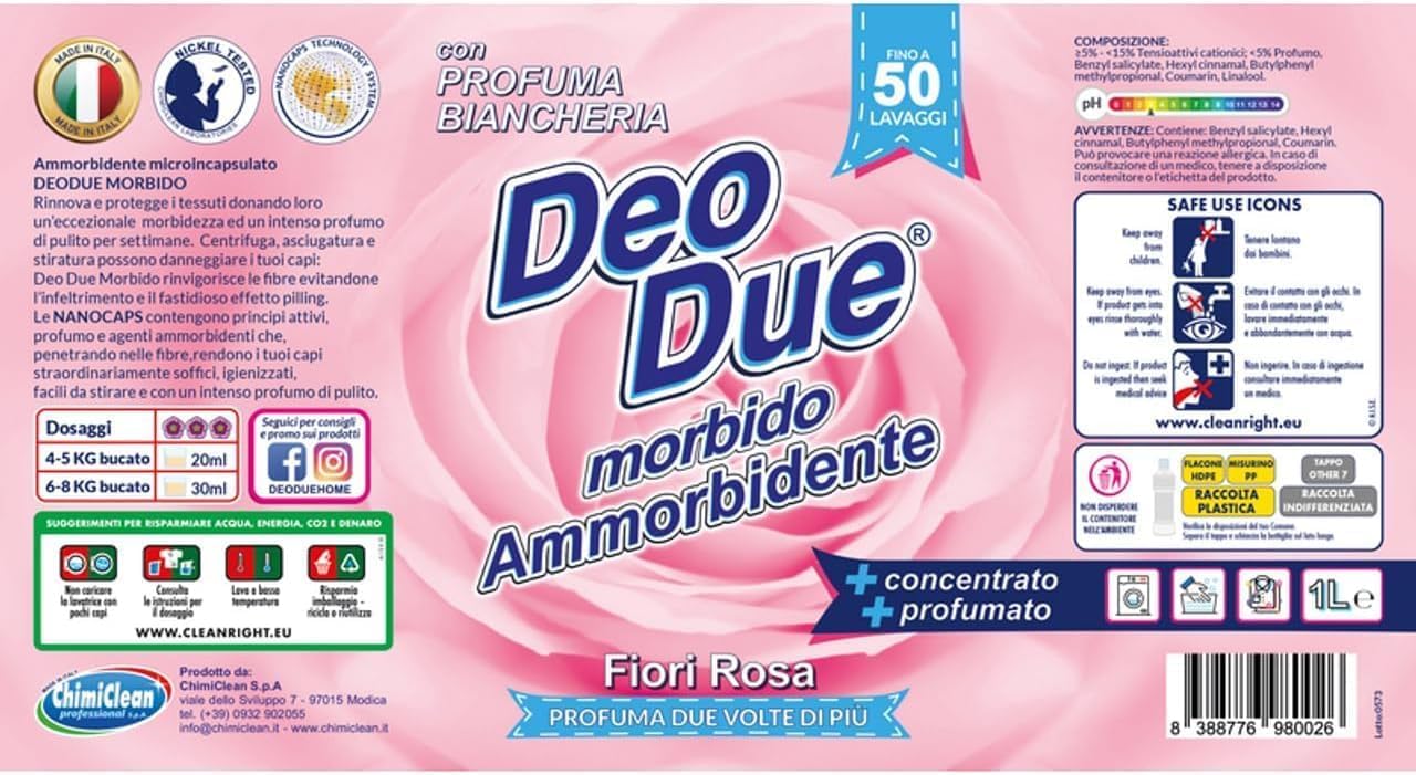 12x DEO DUE Ammorbidente Concentrato Fiori Pink, Konzentrierter Weichspüler, Pink Flowers, 1 Liter, 50 Waschgänge,+ Italy Shop Service Kostenloser Schlüsselanhänger