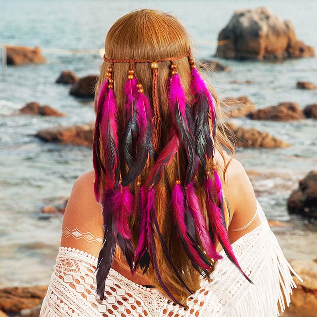 GORTIN Boho Feather Headband Hippie Headpiece Gypsy Indian Costume Headdress Hair Accessory for Women(D-Pink, One size) - Image 5