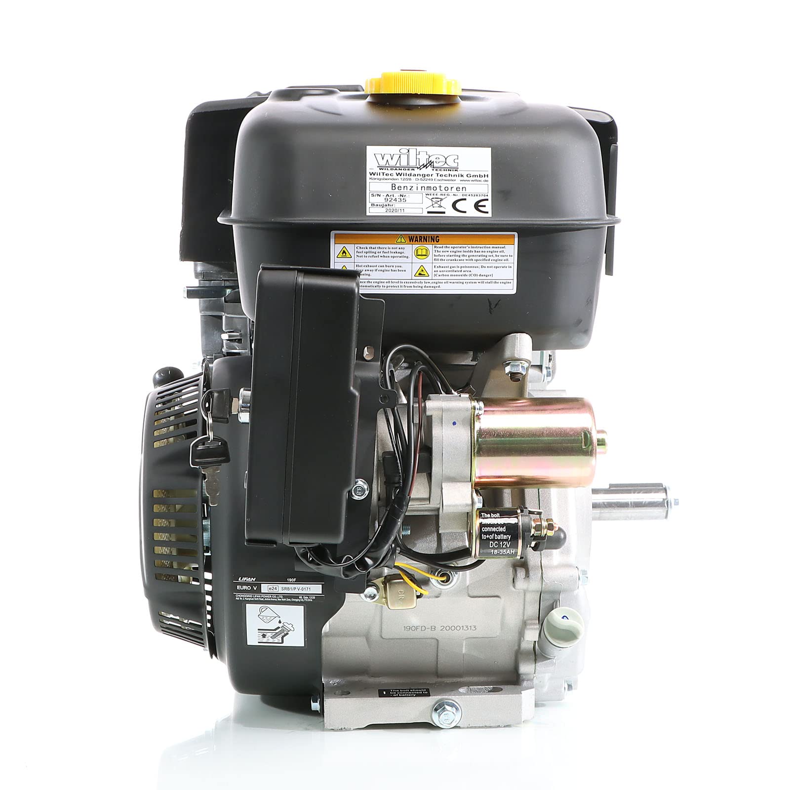 Wiltec LIFAN 190 Moteur essence – 403 x 449 x 433 mm – 10 kW (15 CV) – 420 ccm – 4 temps, Ø arbre 25 mm – capacité 6,5 L – OHV – Refroidi par air – Monocylindre Lanceur électrique – Kart Jardin