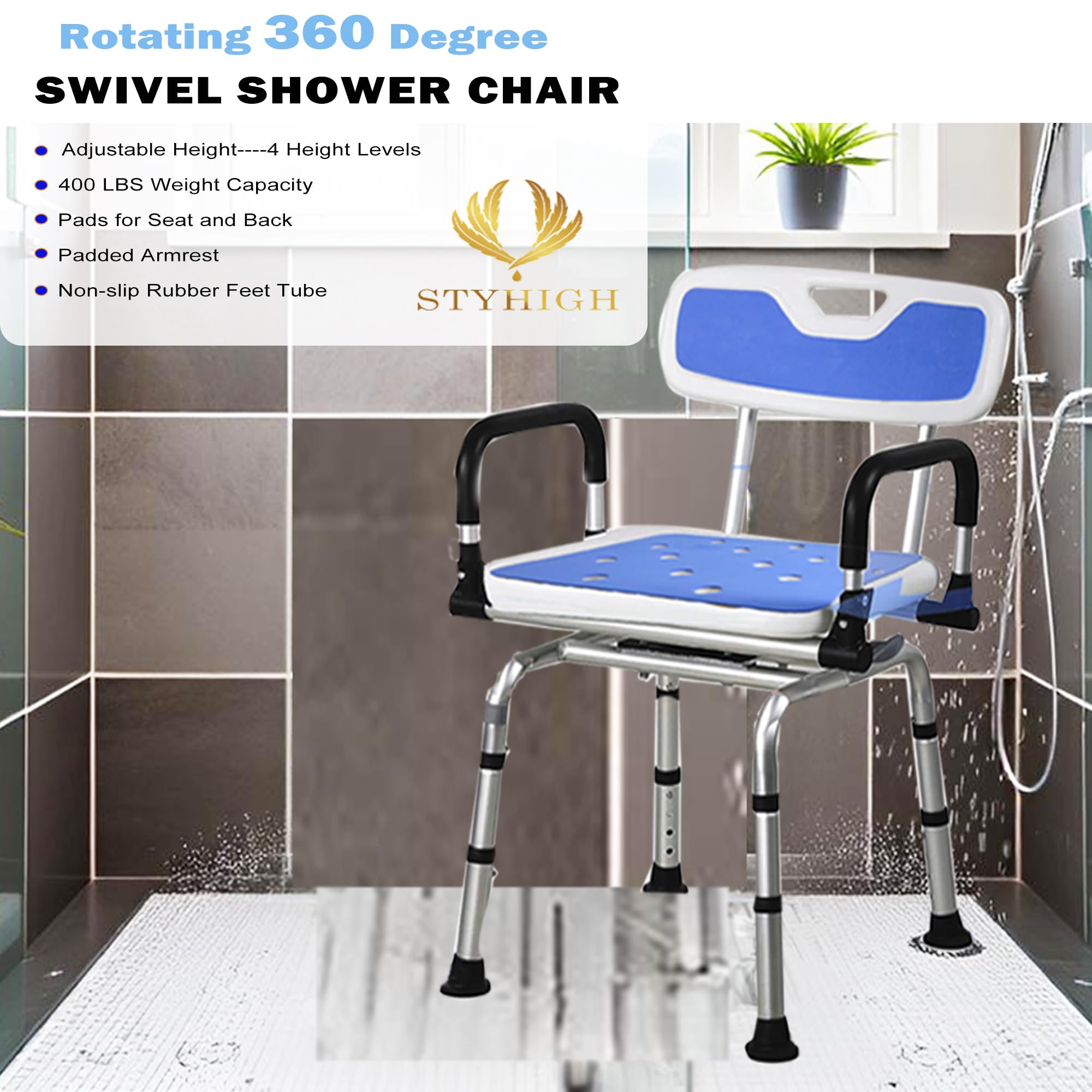 Silla de ducha giratoria de 360 grados, asiento portátil con reposabrazos y respaldo, asiento de altura ajustable para bañera (blanco)