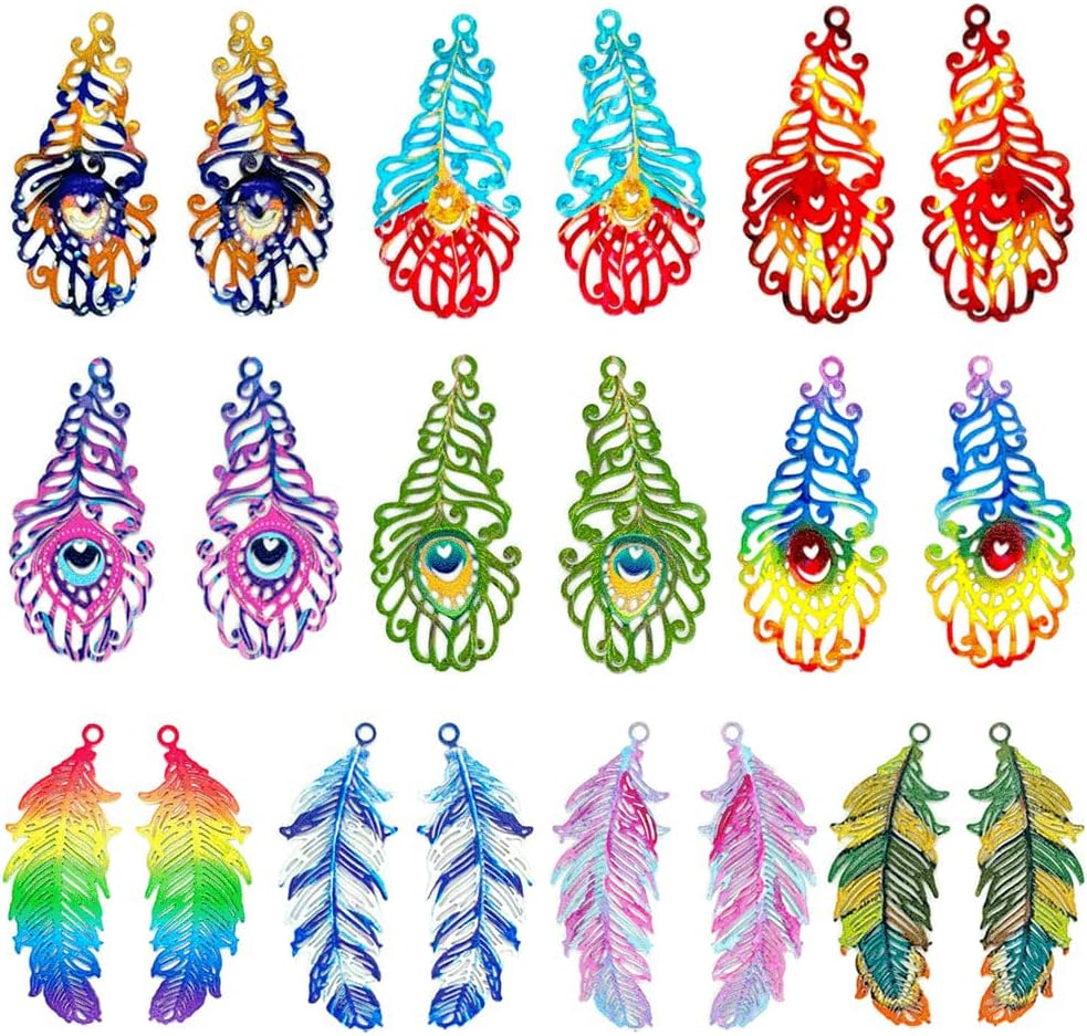Multicolor Filigree Feather Charms Hollow Color Painted Plume Pendant for DIY Earrings Necklaces Jewelry Making Accessories Bookmark Components Hanging Embellishments
